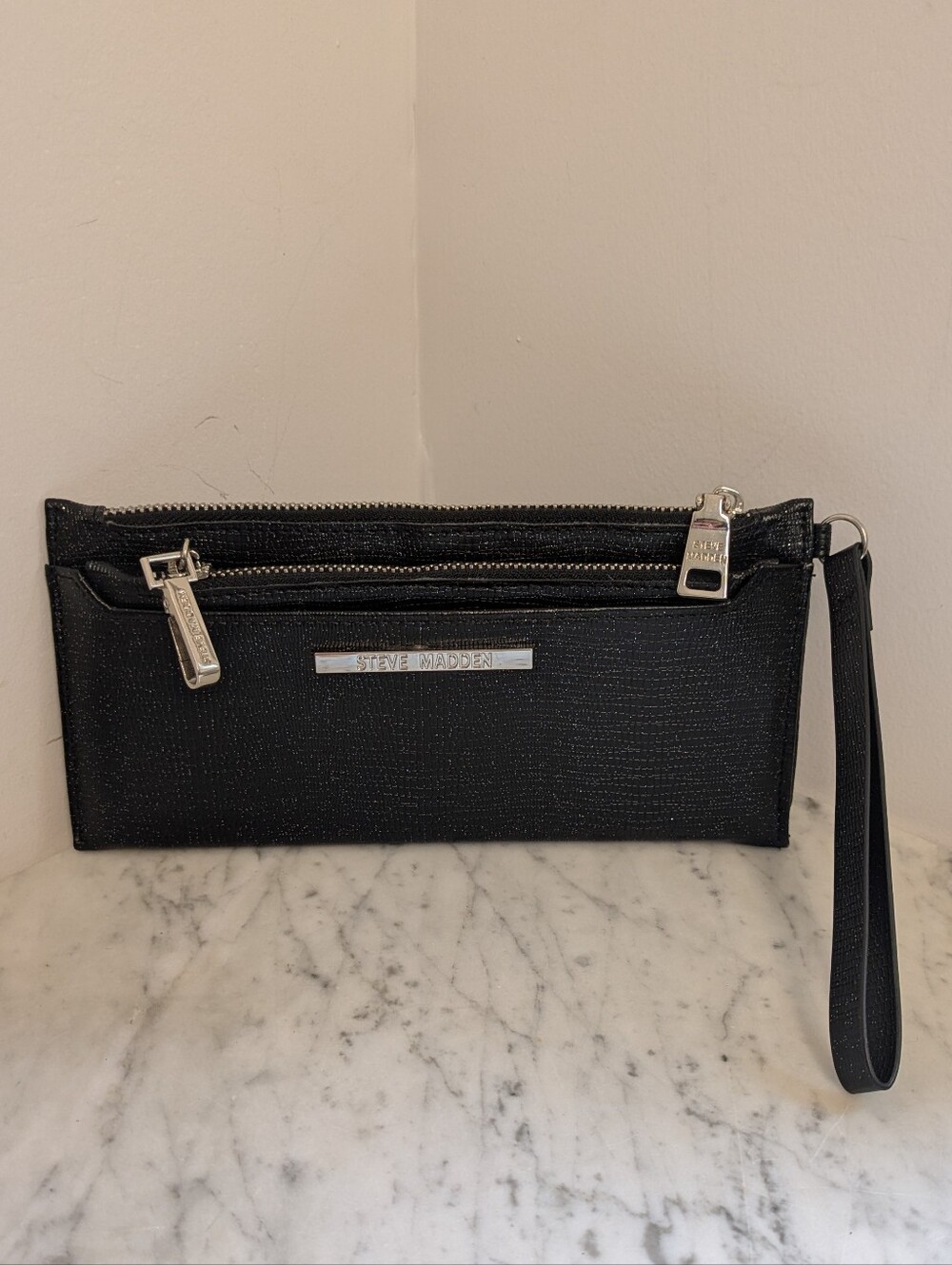 Steve Madden Black Glitter Wristlet Clutch